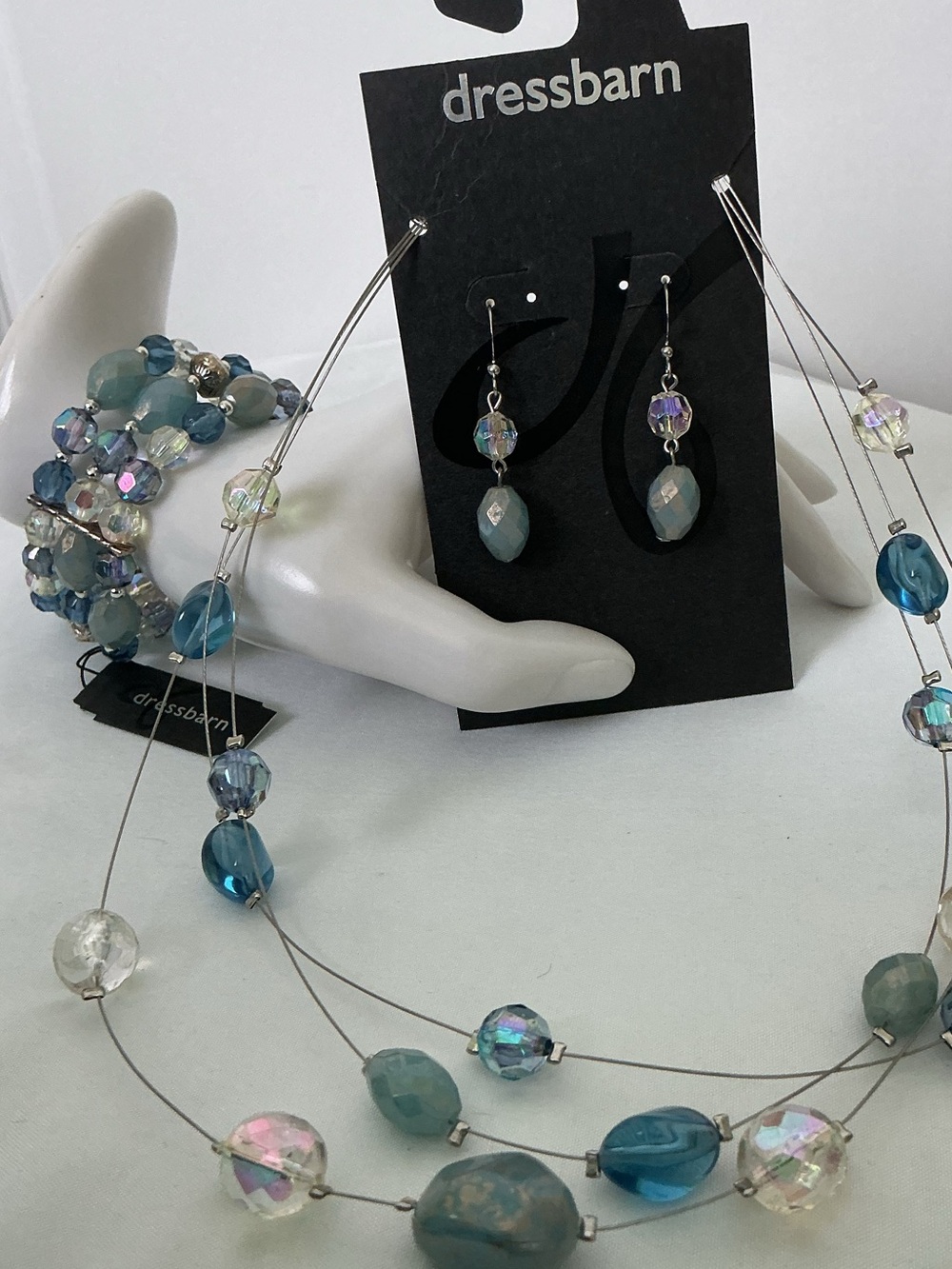 Dressbarn NWT Blue 3-Piece Set Multi-Strand Beaded Necklace, Bracelet & Earrings